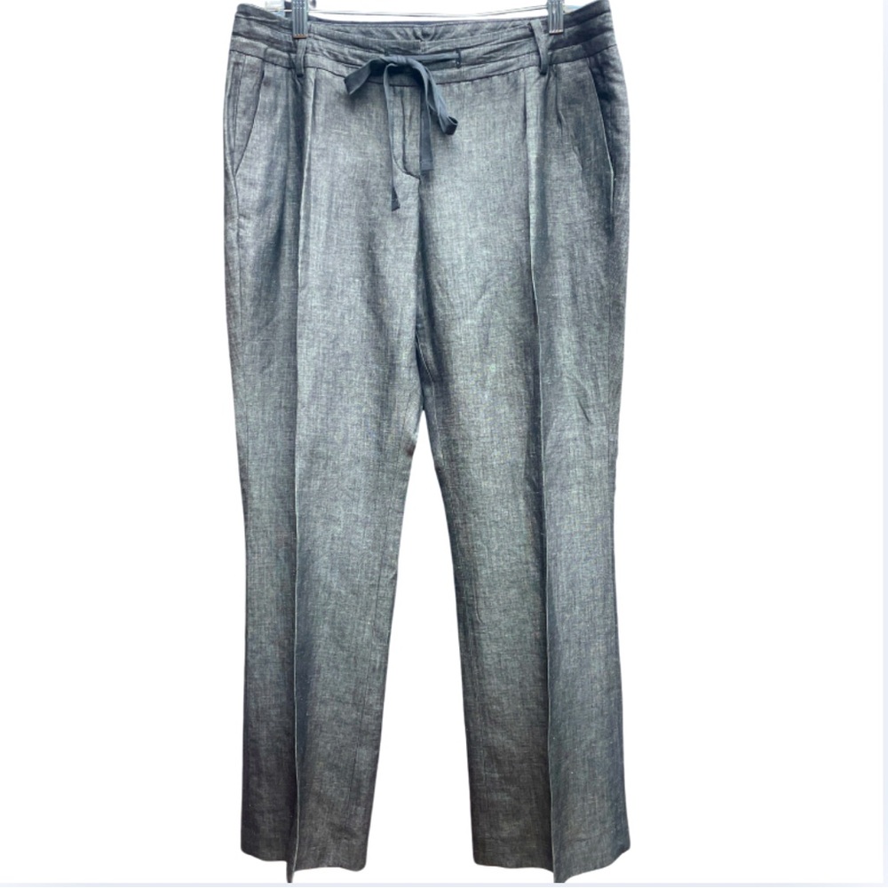 Talbots Dark Gray Linen Blend Pleated Front Tie Waist Side Pocket Pants Sz 14WP